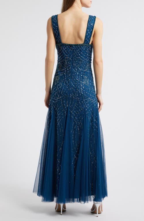 Pisarro Nights Beaded Gown With Long Sleeve Jacket In Petrol Blue
