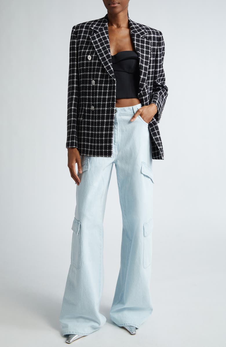 Versace Windowpane Check Double Breasted Crepe Blazer, Alternate, color,