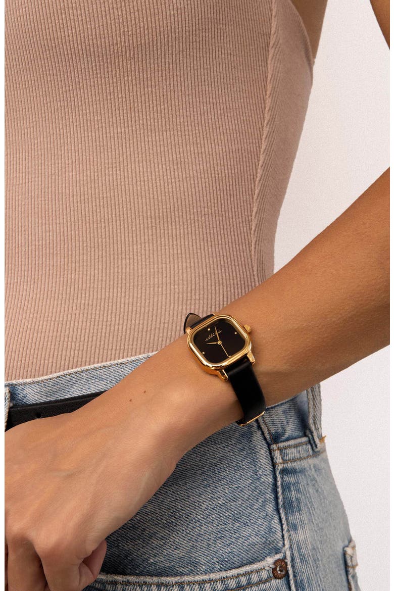 Classic Square Leather Strap Watch, Alternate, color, BLACK