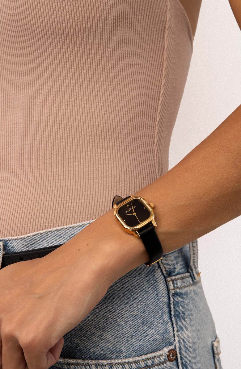 Ettika Classic Square Leather Strap Watch, Alternate, color, Black