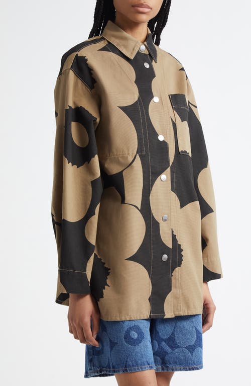 Marimekko Abstraktio Unikko Floral Oversize Cotton Snap-up Shirt In Black, Light Brown