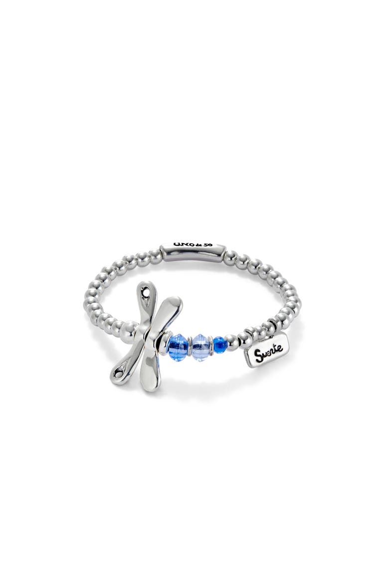 Elastic Bracelet with Sterling Silver Plated Dragonfly with Blue Crystals, Main, color, Silver
