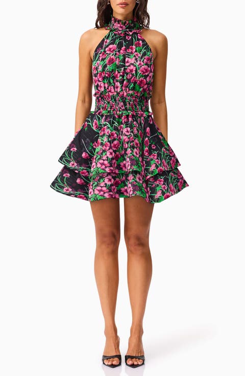 Estelle Metallic Floral Smocked Waist Fit & Flare Minidress