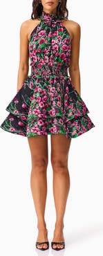 Elliatt Estelle Metallic Floral Smocked Waist Fit & Flare Minidress