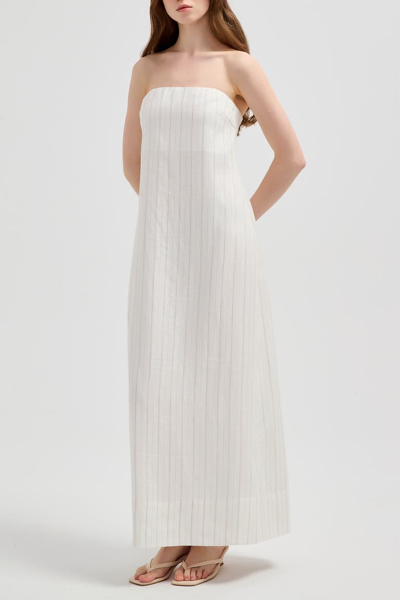 Rhea Strapless Midi Linen Dress, Main, color, Ivory Pinstripe