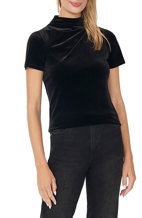 Shoulder Pleated Cowl Neck Velvet Top