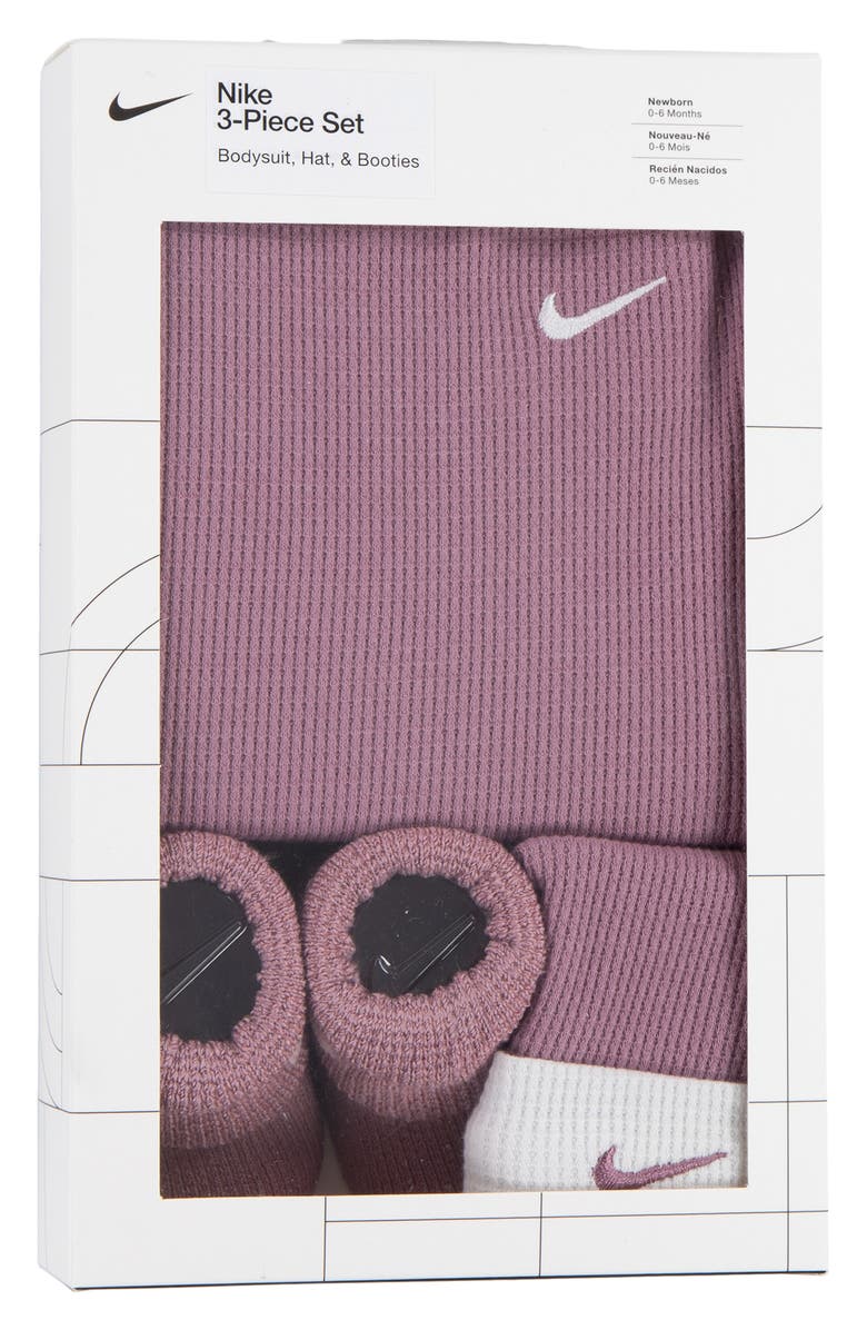 Nike Waffle Knit Bodysuit, Hat & Booties Boxes Set, Alternate, color, Plum Dust