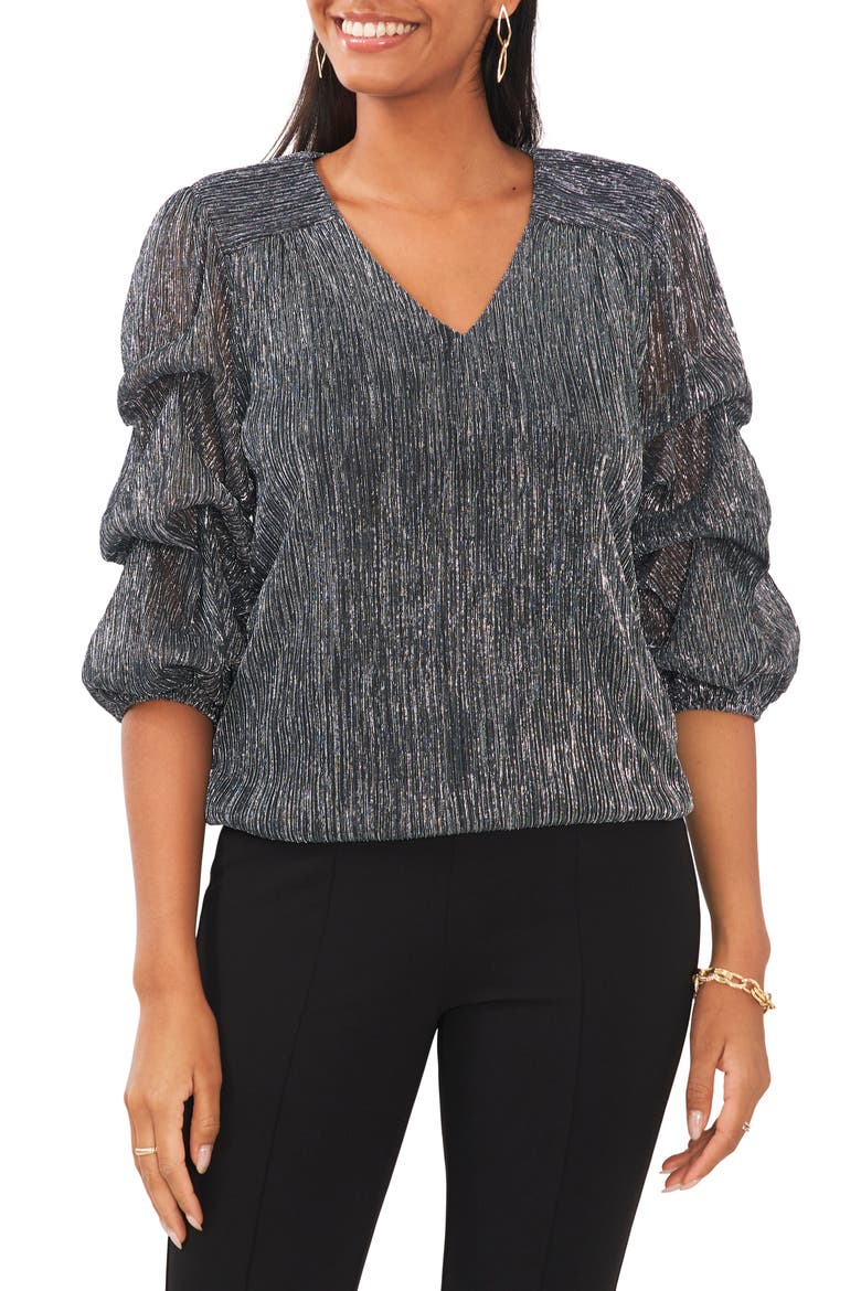 Metallic Lantern Sleeve Top, Main, color, BLACK/SILVER