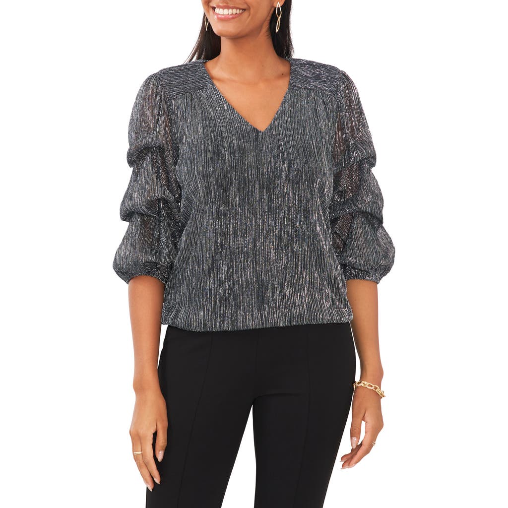 Chaus Metallic Lantern Sleeve Top In Gray