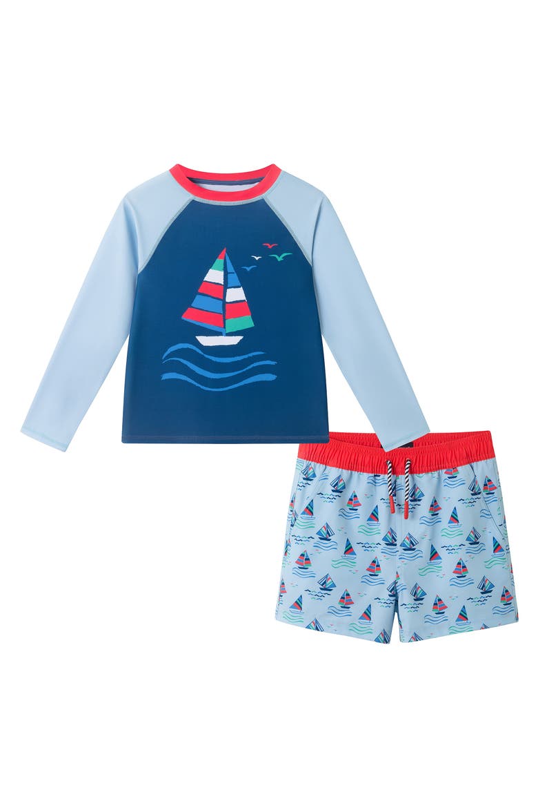 Kids' Sailboat Long Sleeve Two-Piece Rashguard Swimsuit, Main, color, NAVY SAILBOAT