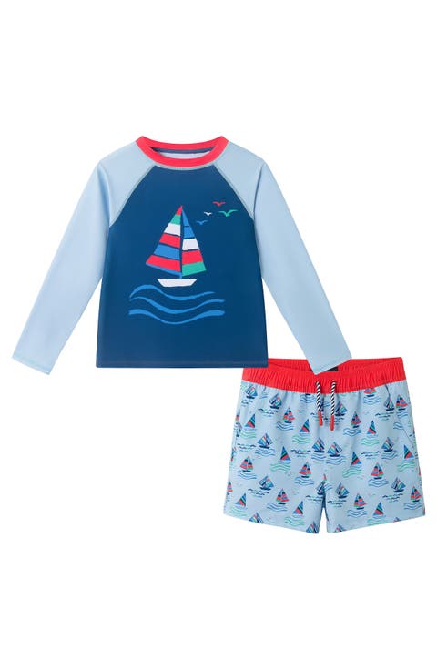 Kids' Sailboat Long Sleeve Two-Piece Rashguard Swimsuit (Toddler & Little Kid)