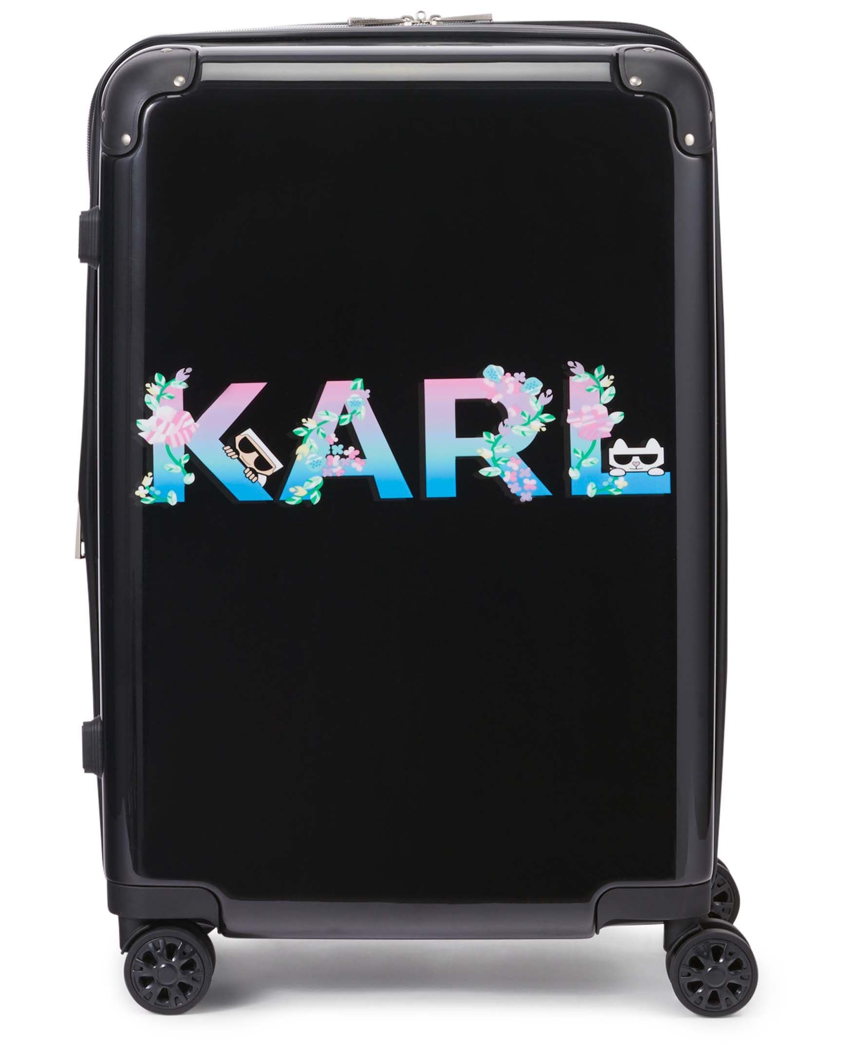 KARL LAGERFELD Karl Flowers Upright Suitcase, Main, color, Black