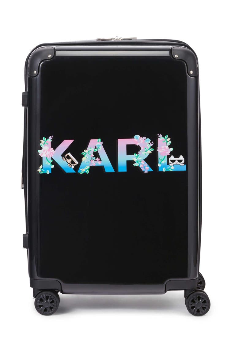 Karl Flowers Upright Suitcase, Main, color, Black