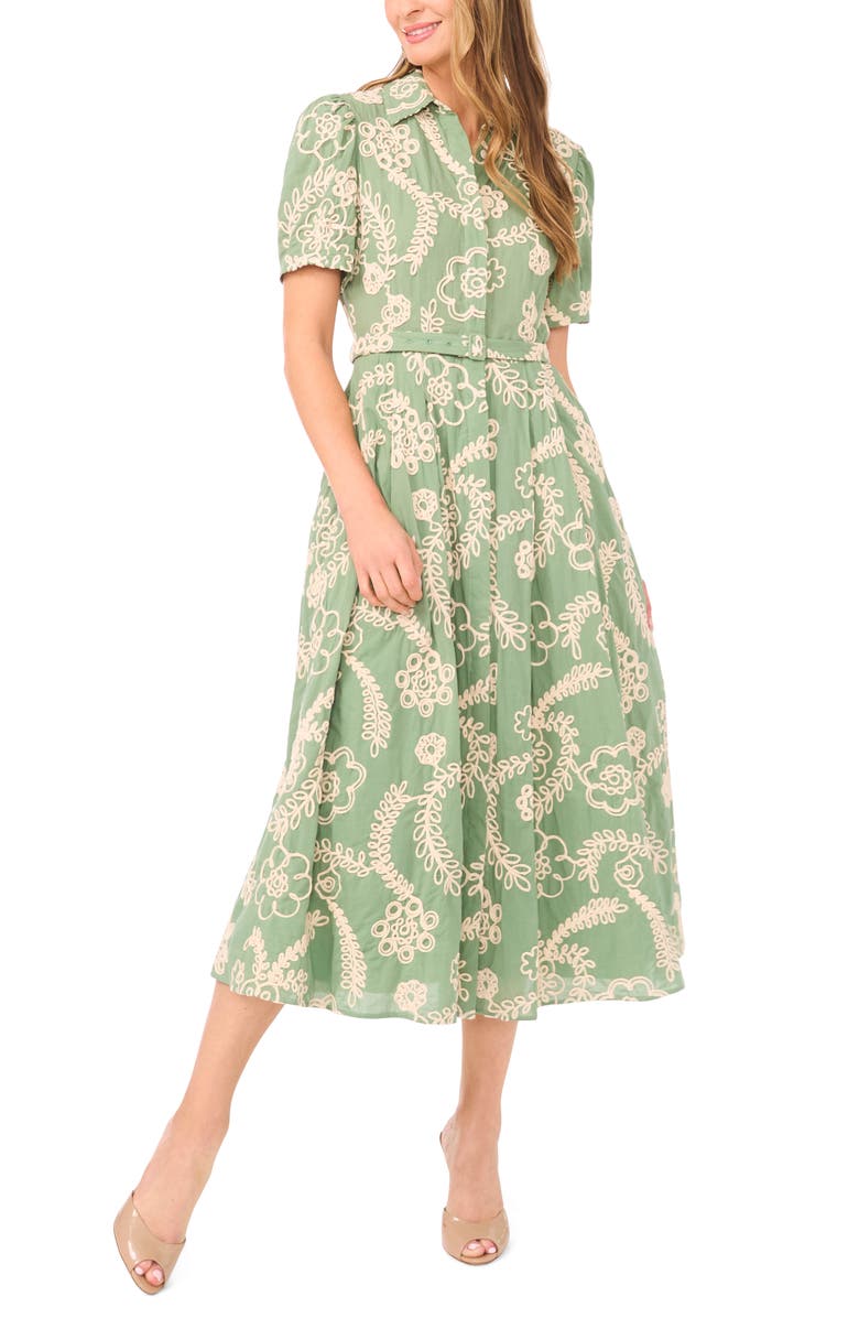 Ted Baker Camile Embroidered Tie Waist Midi Shirtdress, Alternate, color, Shale Green