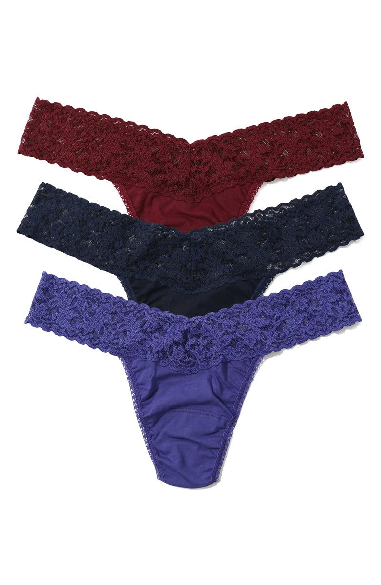 Hanky Panky Holiday Cracker Assorted 3-Pack Low Rise Cotton Thongs, Main, color, Cabernet/ Navy/ Folk Song