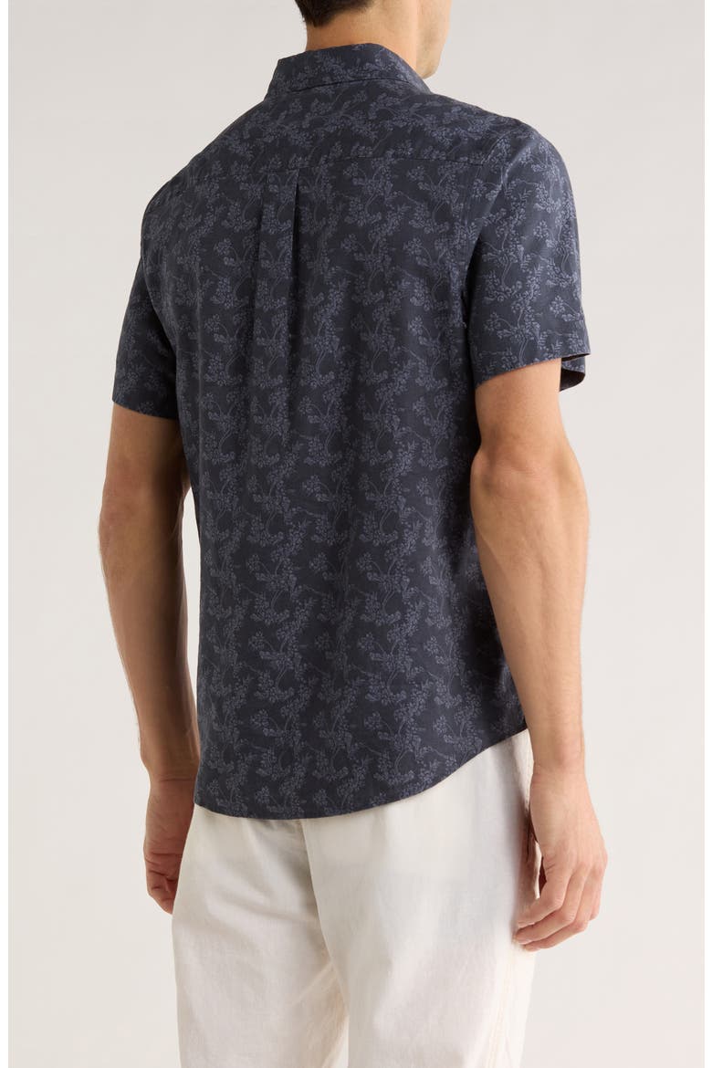 Floral Print Short Sleeve Linen & Cotton Button-Up Shirt, Alternate, color, NAVY SCROLLING FLEUR