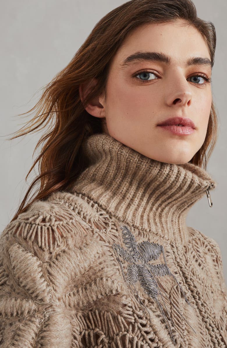 Brunello Cucinelli Handmade Flower Crochet OPERA cardigan in cashmere Feather yarn, Alternate, color, 