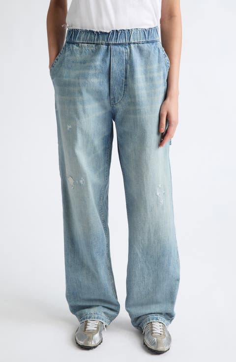 Distressed Fray Waist Wide Leg Carpenter Jeans