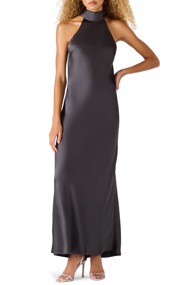 straight cut maxi dress Steve Madden Women's Lara Satin Maxi Dress - Blackened Pearl