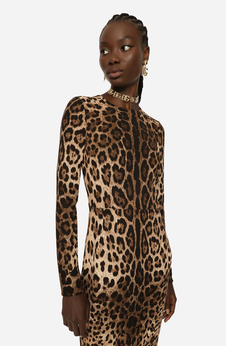 Dolce&Gabbana Leopard Print Long Sleeve Sheath Dress, Alternate, color, Light Brown