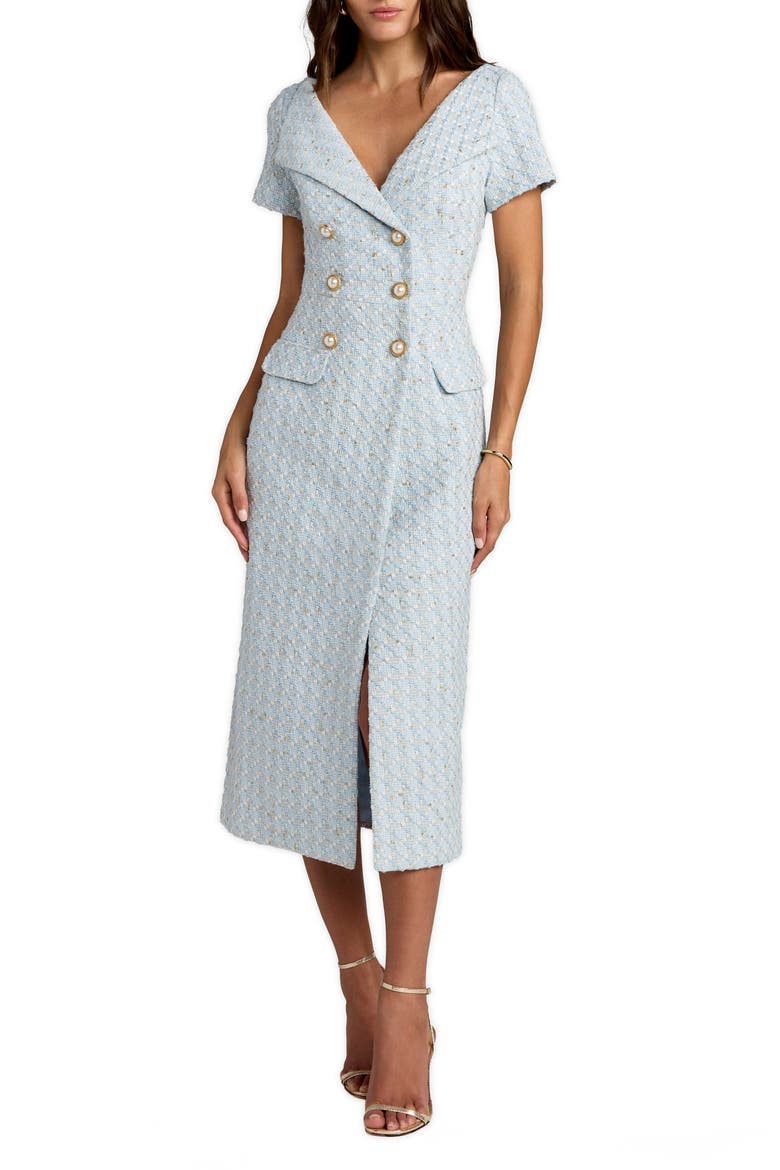 Bouclé Cap Sleeve Belted Fitted Midi Dress, Main, color, Powder Blue