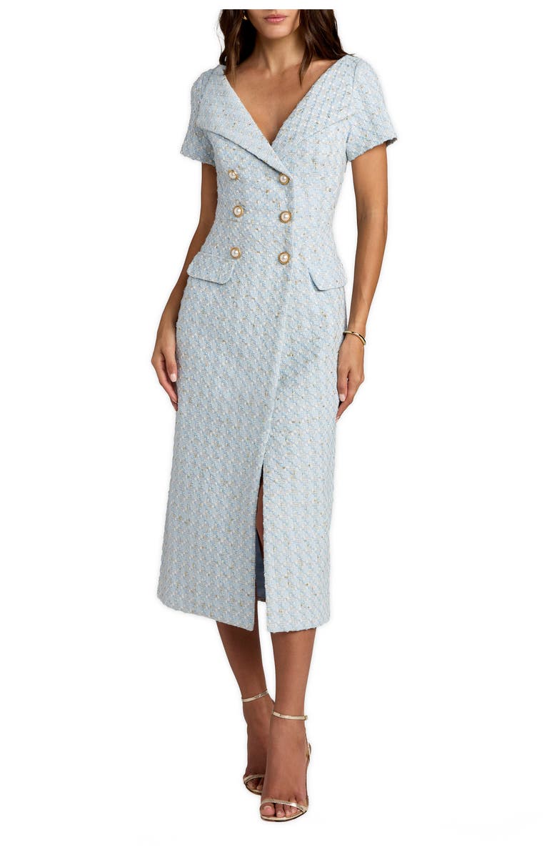 Mac Duggal Bouclé Cap Sleeve Belted Fitted Midi Dress, Main, color,