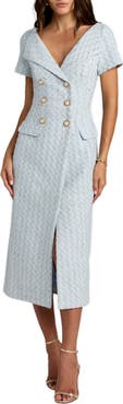 Mac Duggal Bouclé Cap Sleeve Belted Fitted Midi Dress