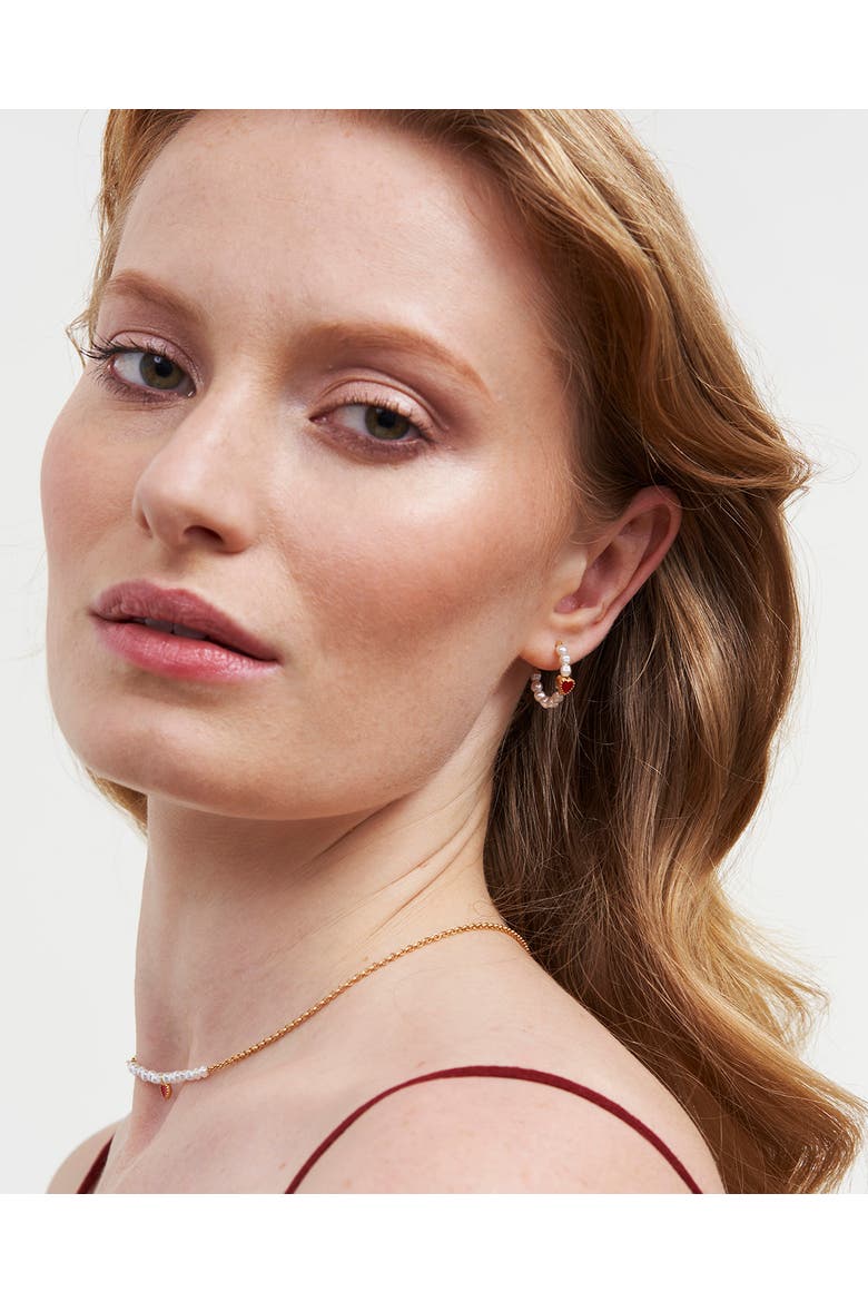 Love Heart Pearl Hoop Earrings, Alternate, color, Gold
