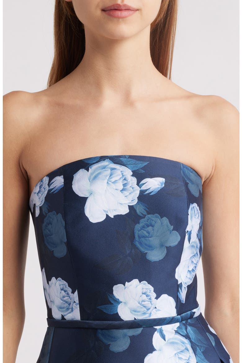 Shay Floral Strapless Stretch Mikado Cocktail Midi Dress, Alternate, color, MIDNIGHT GLACIAL ROSE