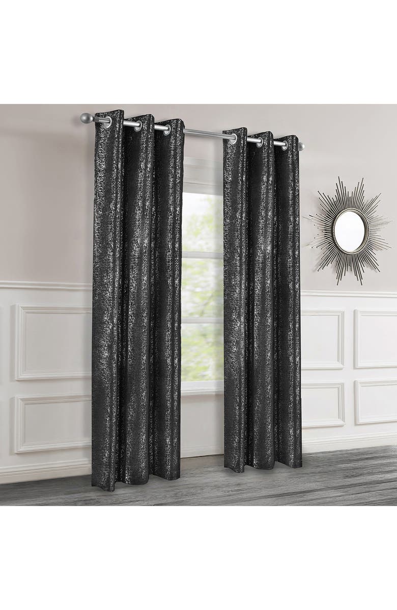 DAINTY HOME Artistic Set of 2 Metallic Textured Thermal Insulated Blackout Curtain Panels, Main, color, Black