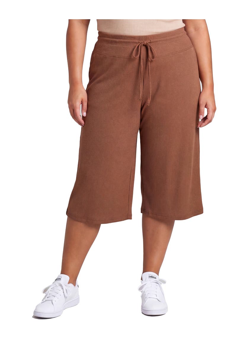 Curvy Basic Ribbed Knit Drawstring Flared Capri Pants, Main, color, Mocha