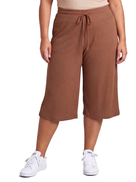 Curvy Basic Ribbed Knit Drawstring Flared Capri Pants