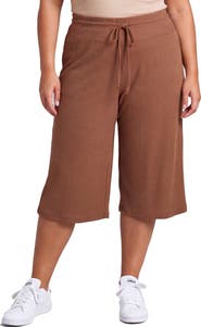 24seven Comfort Apparel Curvy Basic Ribbed Knit Drawstring Flared Capri Pants
