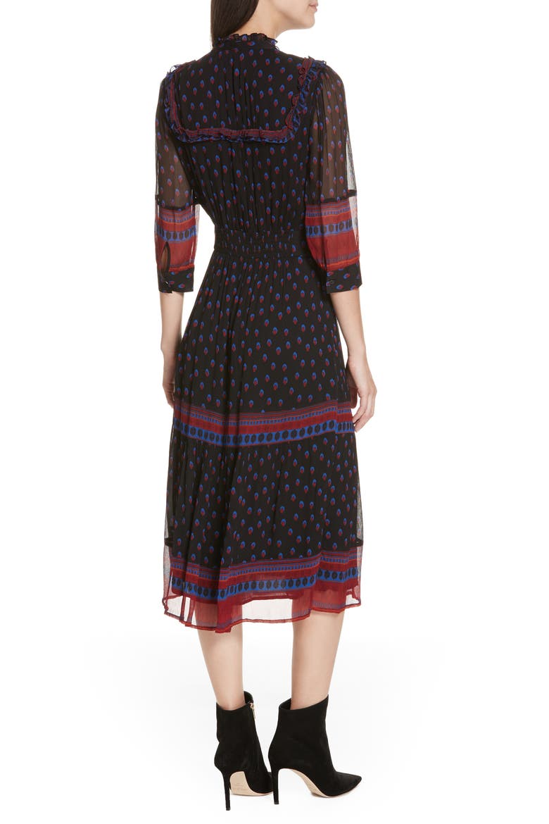 Barie Ruffle Print Midi Dress, Alternate, color, BLACK