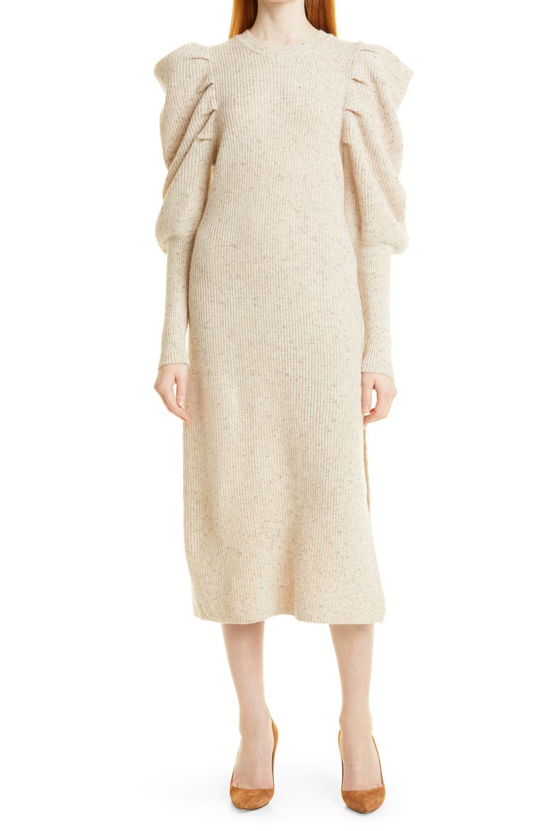 Marnia Puff Sleeve Wool Blend Midi Sweater Dress, Main, color, CAMEL