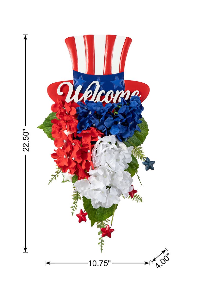 Glitzhome Patriotic Americana Metal Top Hat & Hydrangea Swag Wall Decor, Alternate, color, Blue