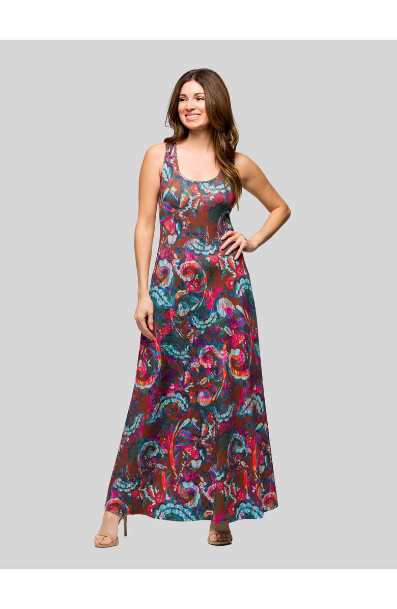 24seven Comfort Apparel V-Neck Sleeveless Maxi Dress with Belt, Main, color, Brown Multi