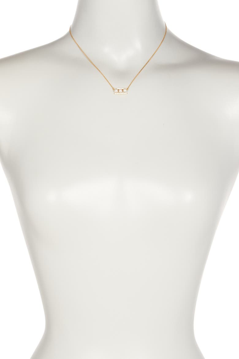 Yellow Gold Plated Sterling Silver 7mm Freshwater Pearl Swarovski Crystal Accented Bar Necklace, Alternate, color, WHITE