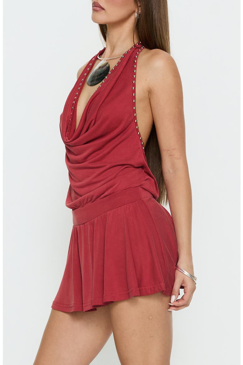 Khoda Studded Cowl Neck Open Back Halter Minidress, Alternate, color, BURGUNDY