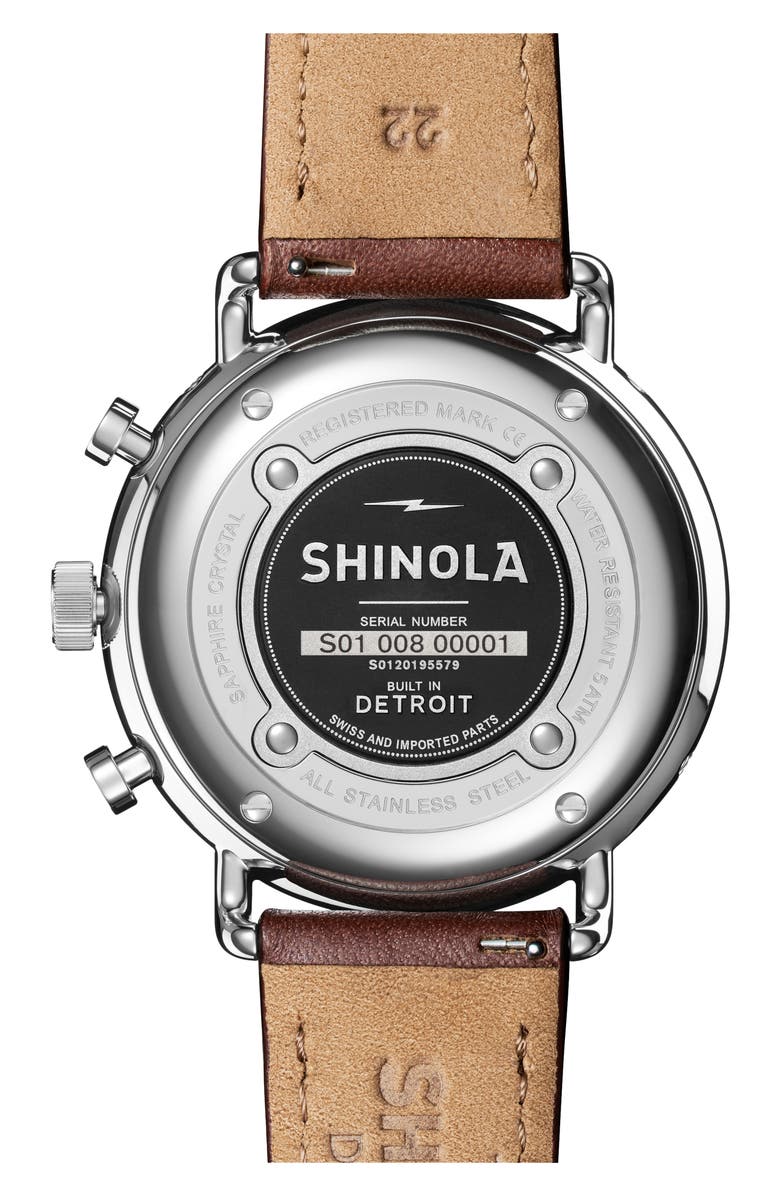 Shinola Canfield Chronograph Leather Strap Watch, 45mm, Alternate, color, Brown/ Blue/ Silver