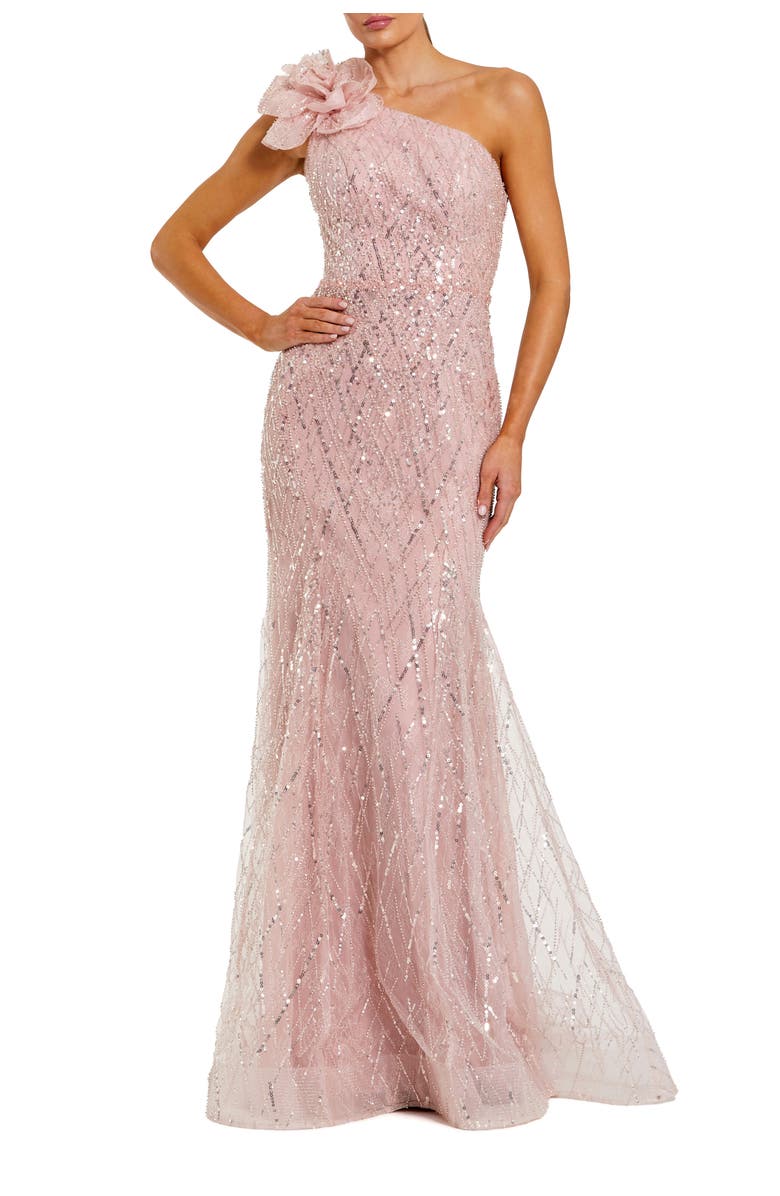 Mac Duggal One Shoulder Sequin Trumpet Gown With Flower, Main, color, Rose
