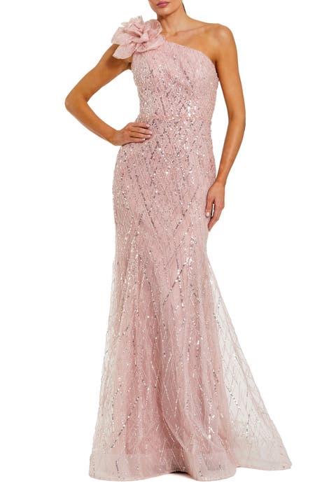One Shoulder Sequin Trumpet Gown With Flower