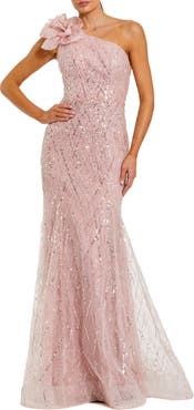 Mac Duggal One Shoulder Sequin Trumpet Gown With Flower
