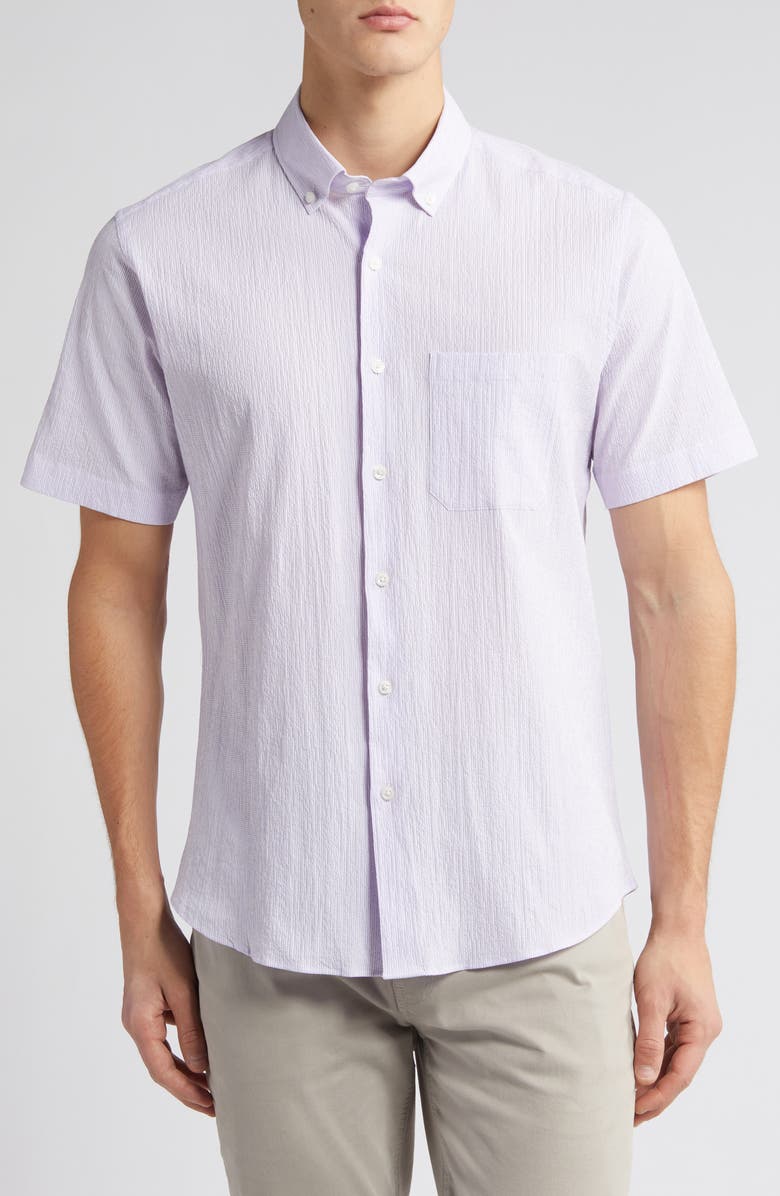 Scott Barber Stripe Short Sleeve Cotton Seersucker Button-Down Shirt, Main, color, 