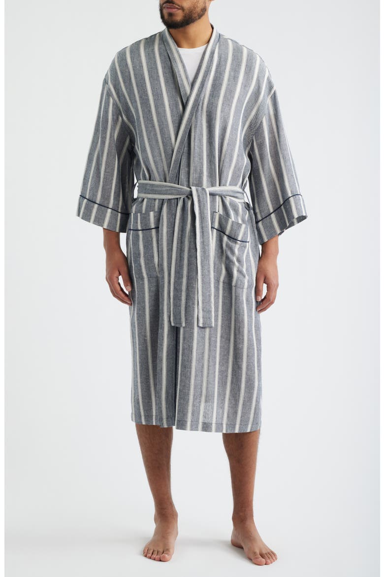 Textured Retreat Stripe Shawl Collar Woven Cotton Robe, Main, color, NAVY/ BEIGE