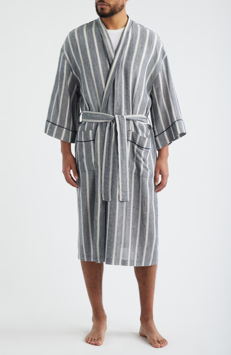 Majestic International Textured Retreat Stripe Shawl Collar Woven Cotton Robe, Main, color, Navy/ Beige