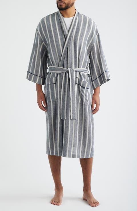 Textured Retreat Stripe Shawl Collar Woven Cotton Robe