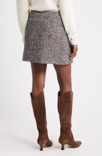 Herrringbone Tweed Wrap Miniskirt