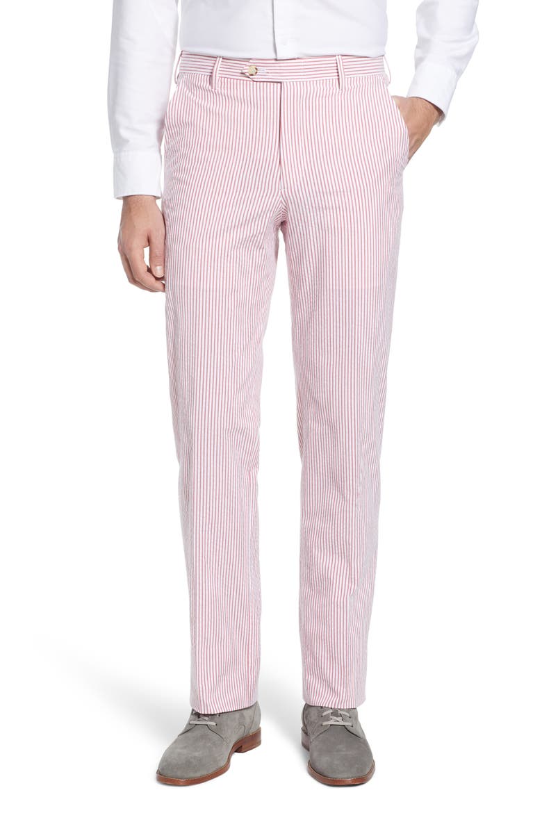Flat Front Stripe Cotton Seersucker Pants, Main, color, RED