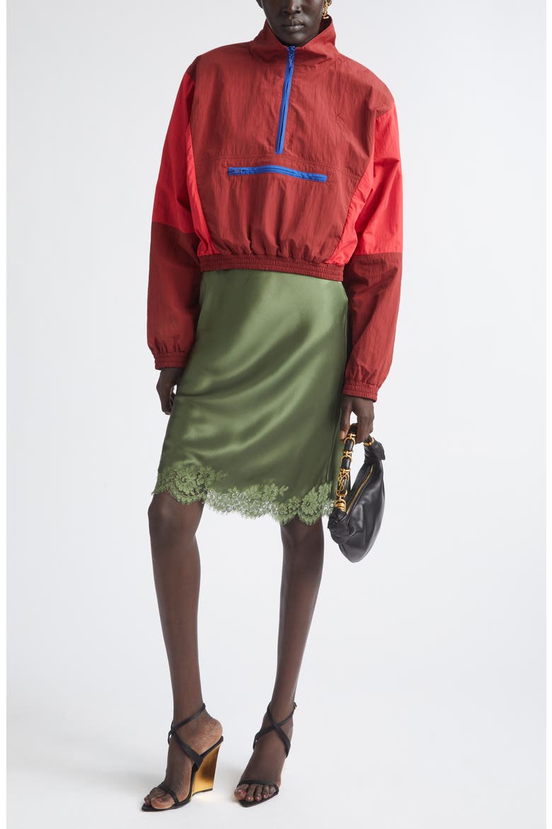 Lace Trim Silk Satin Skirt, Alternate, color, KHAKI